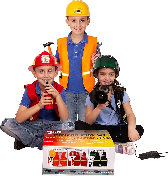 Tigerdoe Construction Costume for Kids - Construction Hat and Costume Vest - Dress Up Accessories for Children (3 Costume Sets - Construction, Swat and Fireman Costume)