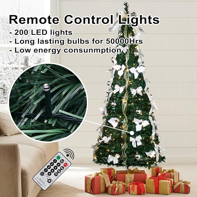 GameXcel 6.5FT Pop Up Christmas Tree with Lights and Decorations & Remote & Timer, Prelit Fully Decorated Pull Up Artificial Christmas Tree with Xmas Ball Ornaments Bows Ribbons for Xmas Party Decor