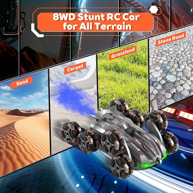 8WD Remote Gesture Sensing Stunt Control Car with Light Spray Effect, Music & Automatic Demonstration 8 Wheel 360°Flip Double Sided Rotate Stunt Car, 2.4Ghz RC Vehicle Toy for Age 3-6 7-13 Kids Gifts