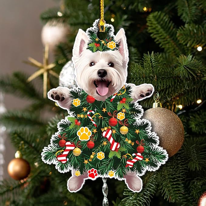 2025 West Highland White Terrier Dog Christmas Ornament - Adorable Dog Dressed as a Christmas Tree - Fun and Festive Acrylic Decoration