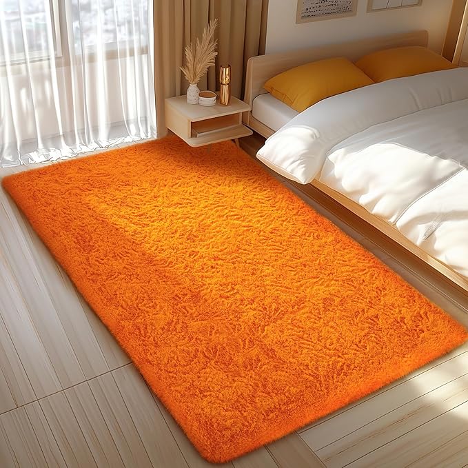 Ophanie Orange Rugs for Bedroom Living Room, Fluffy Fuzzy Furry Carpet, Plush Soft Shaggy Bedside Indoor Floor 4x6 Area Rug for Kids Girls Boys Baby Teen Dorm Nursery Home Decor Aesthetic