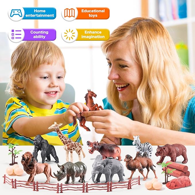 41Pcs Safari Animals Figures Toys–Realistic Jumbo Wild Animals Figurines Plastic African Jungle Animals Playset–Lion,Tiger,Eggs,Trees & Fences–Educational Toys for Kids and Toddlers 3+
