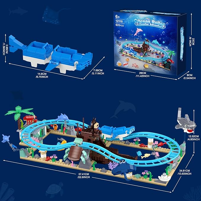 Ocean Roller Coaster Adventure Park Building Set, Friends Blocks Kit with Submarine & Dolphins Railcar Rollercoaster, Gift for Kids Birthday Children's Day Christmas
