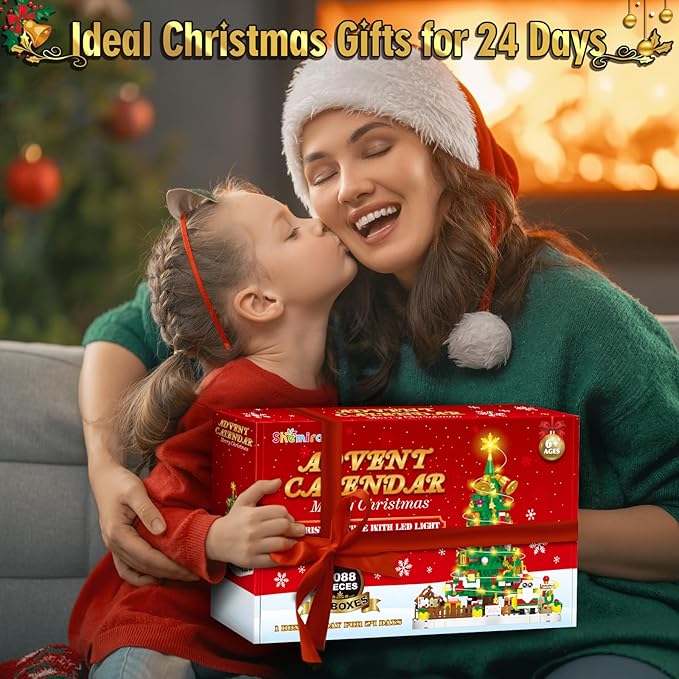 Shemira Advent Calendar 2025 Christmas Tree Building Toy Set with LED light, 24 Days Christmas Countdown Calendar Building Blocks, Advent Calendar Christmas Gifts for Adults Teens Kids Ages 6+