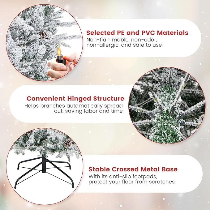 Goplus 7.5ft Pre-Lit Snow Flocked Christmas Tree, Artificial Hinged Xmas Tree with 350 Warm-White Incandescent Lights, 1107 Branch Tips, Natural Pinecones, Metal Stand, for Holiday Office Home Decor