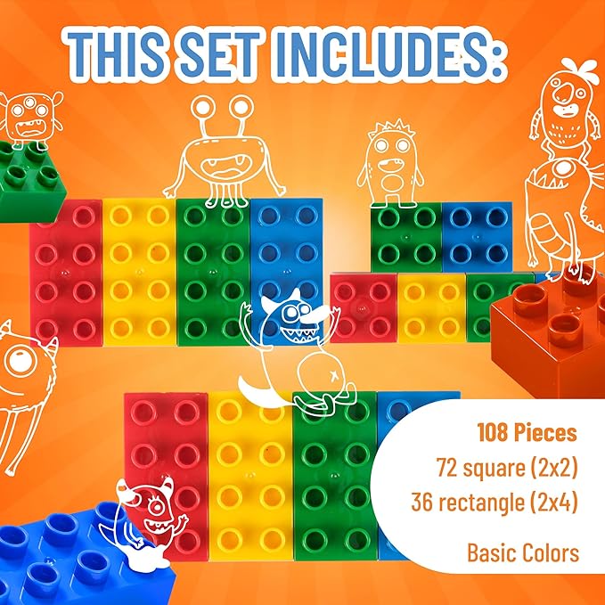 Strictly Briks Toy Large Building Blocks for Kids & Toddlers, Big Bricks Building Blocks for Ages 3 and Up - Compatible with All Major Brands, Blue, Green, Red, & Yellow, 108 Pieces - Toy Building Set