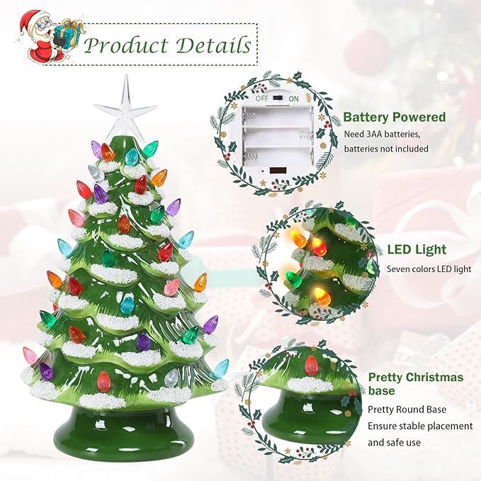 Small Ceramic Christmas Tree Hand-Painted Vintage Tabletop Green White Christmas Tree Holiday Decoration with Multi-Color Lights Xmas Trees 12 inch