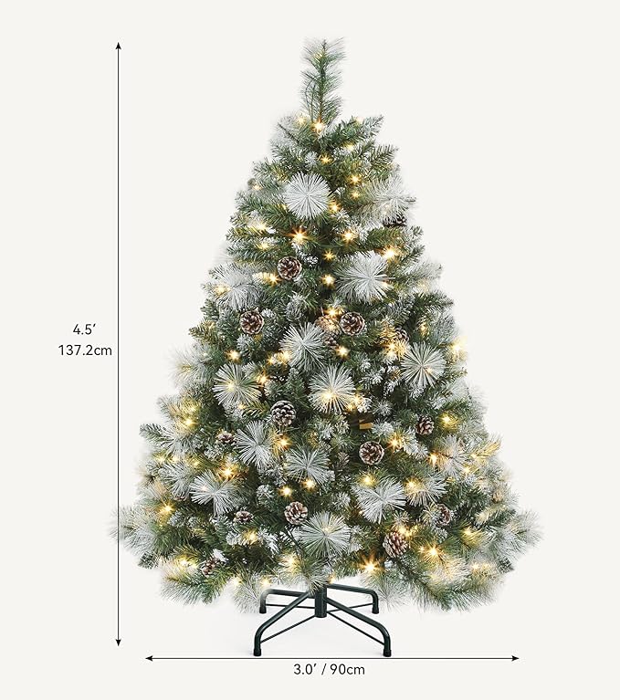 DWVO Prelit Christmas Tree 4.5ft with 34 Pine Cones & White Pine Needle, Atificial Tree with 150 LED Lights, Full Green Xmaxs Trees with 396 Metal Hinged Branch Tips & Stand Remote Controlled