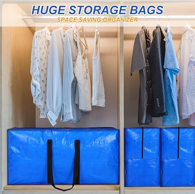 Windyun 4 Pack 75 Gallon Extra Large Storage Bags XXL Moving Bags with Zipper Handles Heavy Duty Jumbo Big Totes Box for Halloween Skeleton 4-12 Feet Christmas Tree Storage College Dorm Cloth (Blue)