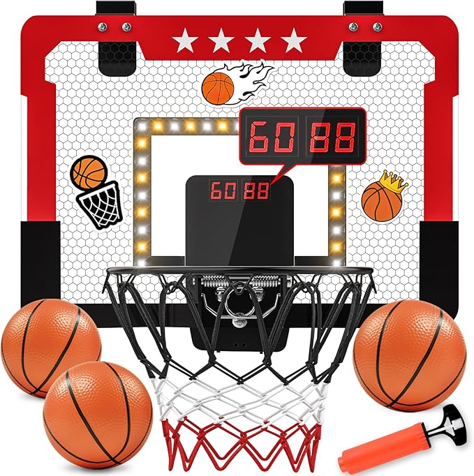 Indoor Basketball Hoop for Kids, Mini Basketball Hoop with Double Electronic Scoreboard and LED Light, Over The Door Basketball Gifts Toys for 5 6 7 8 9 10 11 12 Year Old Boys (West Red)