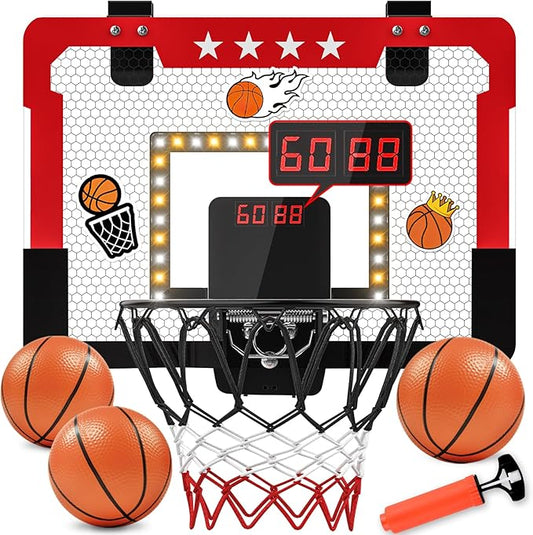 Indoor Basketball Hoop for Kids, Mini Basketball Hoop with Double Electronic Scoreboard and LED Light, Over The Door Basketball Gifts Toys for 5 6 7 8 9 10 11 12 Year Old Boys (West Red)