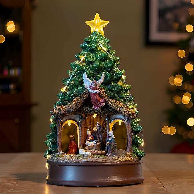 Musical Christmas Tree Rotating Nativity Scene with Star LED Light, Christmas Holy Family Angel Figurines for Xmas Decor Gift, Tabletop Decorative Christmas Trees Ornaments