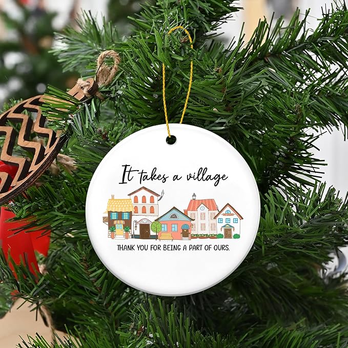 OASSIE Thank You Gifts for Women Men - It's Takes A Village Ceramic Christmas Ornaments 2025 - Christmas Appreciation Daycare Gifts for Neighbor Teacher Nurse Coworker Employee Nanny Babysitter