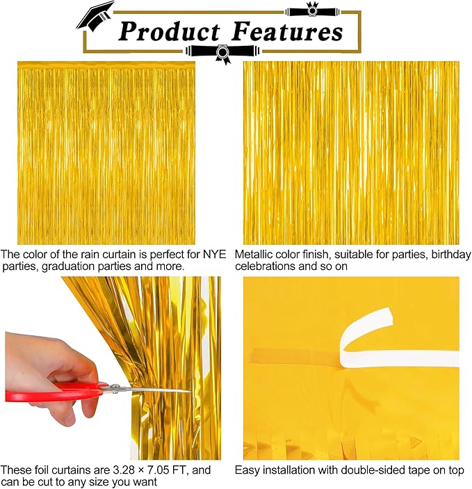 12 Pack 2025 Graduation Decorations, 3.28 FT x 7.05 FT Gold Backdrop Curtains, Metallic Class of 2025 Backdrop Fringe Curtains Foil Streamer, Gold Grad Decorations 2025 Party Supplies
