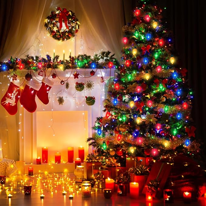 C7 Multicolor Christmas Lights Outdoor, 25FT Vintage Christmas Light Green Wire with 25+2 Clear Multicolored Bulbs, Outdoor String Lights for Xmas Tree Home Yard Wedding Party Decorations