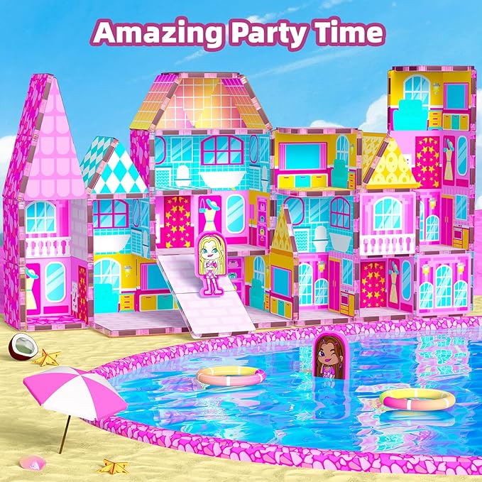 GobiDex Princess Magnetic Doll House Building Toys for Girls 3+, Pink Magnet Tiles for Kids Ages 4-8 STEM Sensory Toys for Toddlers Birthday Gifts for Girls 3+ Year Old