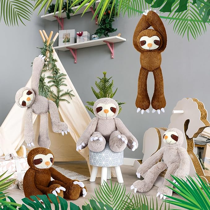 8 Pcs Hanging Sloth Stuffed Animal 18 Inch Three Toed Sloth Plush Toy with Hook and Loop Hands Hanging Sloth Toy for Boy Girl (Dark Brown, Gray)