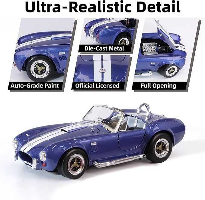1964 Shelby Cobra 427S/C 1:18 Scale Diecast Model Premium Alloy Sports Cars with Display Case, Working Steering, Best Gift for Men, Dad & Kids 14+ Years Collector's Edition(Blue)