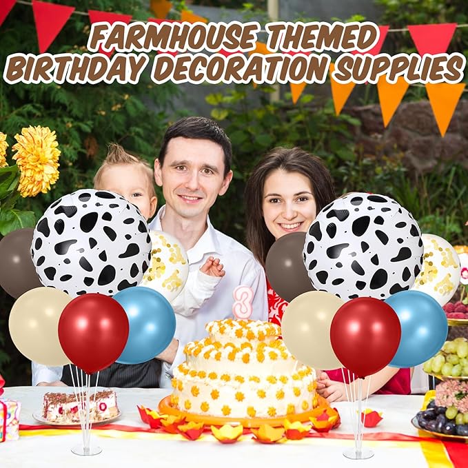 2 Sets Farm Animal Decorations Table Centerpiece Red Brown Blue Balloon Stand Kit with Large Cow Print Foil and Latex Balloon for Farmhouse Country Animal Baby Shower Birthday Supplies
