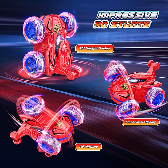 Remote Control Car, Boys Toys Age 4-6 6-8 8-12 360° Rotating 2.4GHz Fast Stunt RC Cars with Cool Lights Music 4WD Off Road RC Crawlers Birthday Party Outdoor Xmas Gifts for 3-12 Year Old Boys