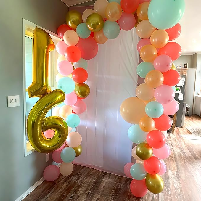 Pastel Balloon Garland Arch Kit, Colorful Coral Red Macaron Pink Orange Mint Teal Blue Champagne Metallic Gold Multicolor Latex Balloons Arch for Girls Birthday Wedding Baby Shower Party Decorations