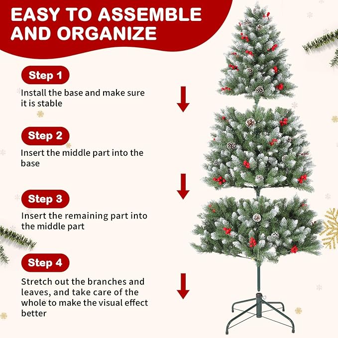 7Ft Christmas Tree Slim - Pencil Xmas Tree with Pine Cones & Berries | Artificial Xmas Tree with Metal Stand,Easy to Install