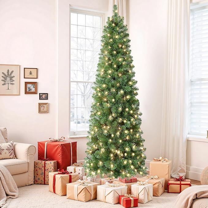 SHareconn 7.5 ft Prelit Artificial Hinged Slim Pencil Christmas Tree with Warm White Lights, Full Branch Tips, Good Choice Decoration for Xmas Holiday, 7.5 FT, Green
