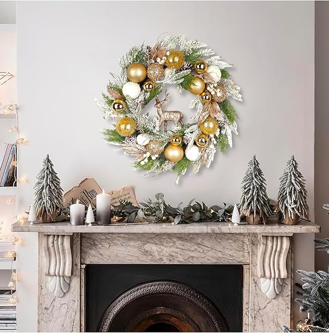 24 inch Pre-Lit Gold Christmas Wreath for Front Door Outdoor, Decorated with Ornaments, Deer Figurine, Flocked Artificial Green Pine Branches, White LED Lights