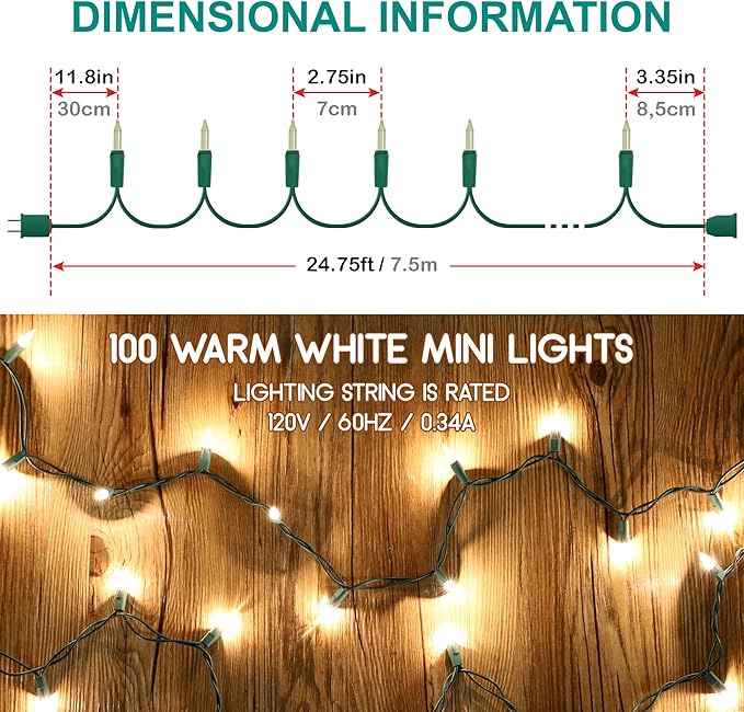 100 Christmas Mini Lights - 24.8 ft / 7.5m - 120V - Warm White Bulbs 2800K - Green Wire - 120V - End to End Connection - Indoor & Outdoor Use - Light Strings for Christmas Tree and New Year Decoration