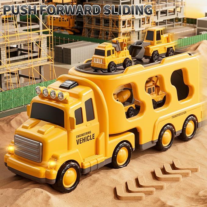 5 in 1 Construction Toys Cars for Toddler Ages 2-4, Transport Vehicle with Sounds and Lights, Excavator Toy for Boys, Christmas Birthday Gifts for Kids 2 3 4 5 6 Years Old