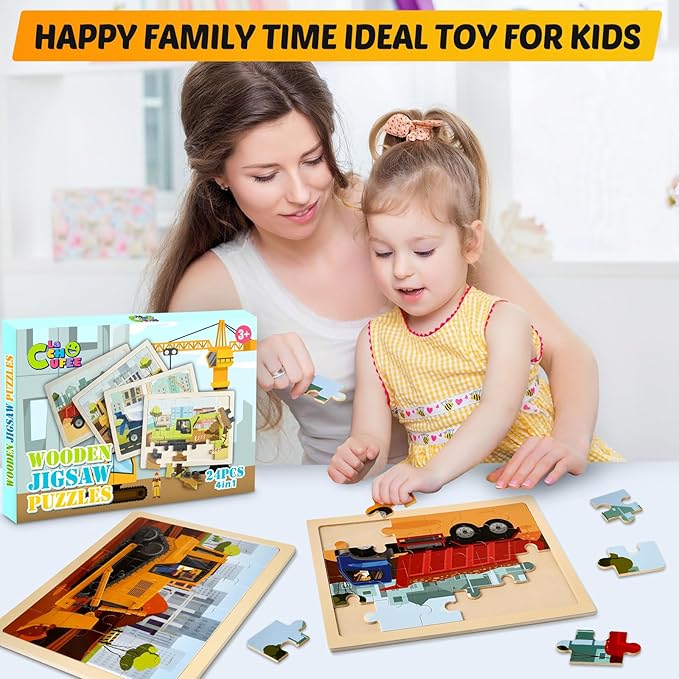 Wooden Vehicle Puzzles for Kids Age 3 4 5 Year Old, 4 Pack 24 Pcs Montessori Toddler Jigsaw Puzzles for Girl boy Activities Preschool Learning Educational Birthday Gift Travel Autistic Wooden Toys