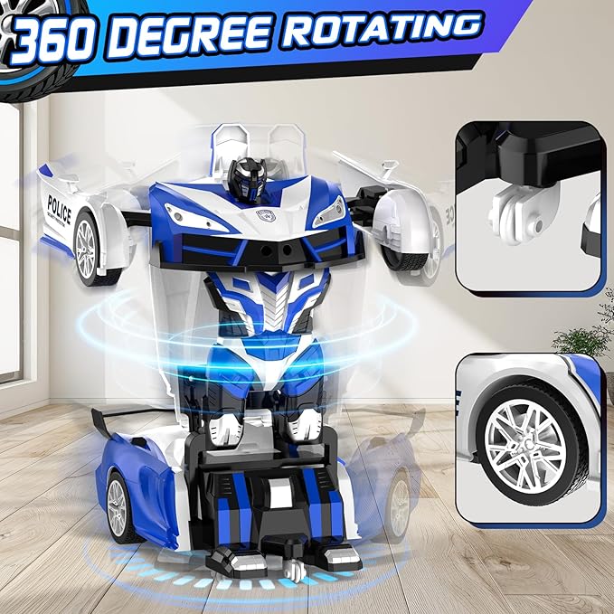 Remote Control Car, One-Button Transform Toys Car, 2.4GHz RC Cars 1:18 Scale, 360 Degree Rotation Police Car Toy Transforming into Robot Toy for Boys Girl Kids 4-7 8-12 6-8, Birthday