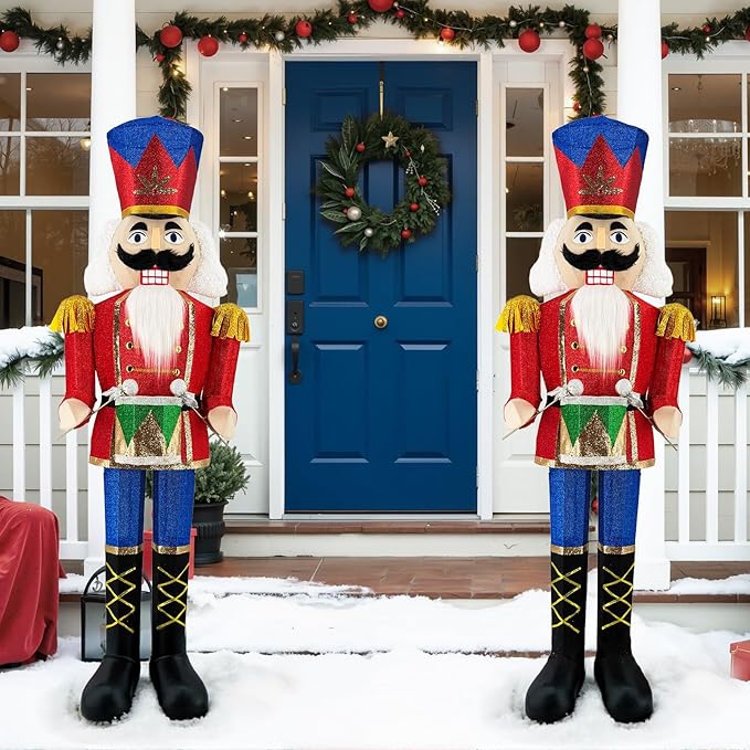 5FT Outdoor Christmas Lighted 3D Nutcracker with Drum,100 LEDs Lighted-up,Outdoor Lighted Holiday Displays with Stakes & Zip Ties for All-Weather Christmas Yard Decoration, Porch, Lawn