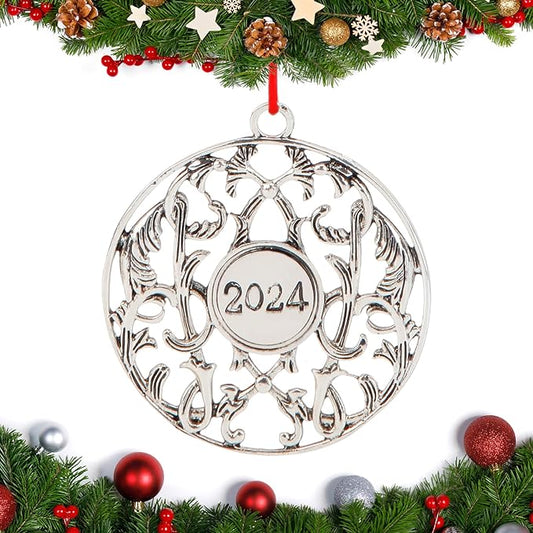Metal Christmas Tree Ornaments - Pewter Plated Vintage Style Holiday Ornament with Hanging Cord