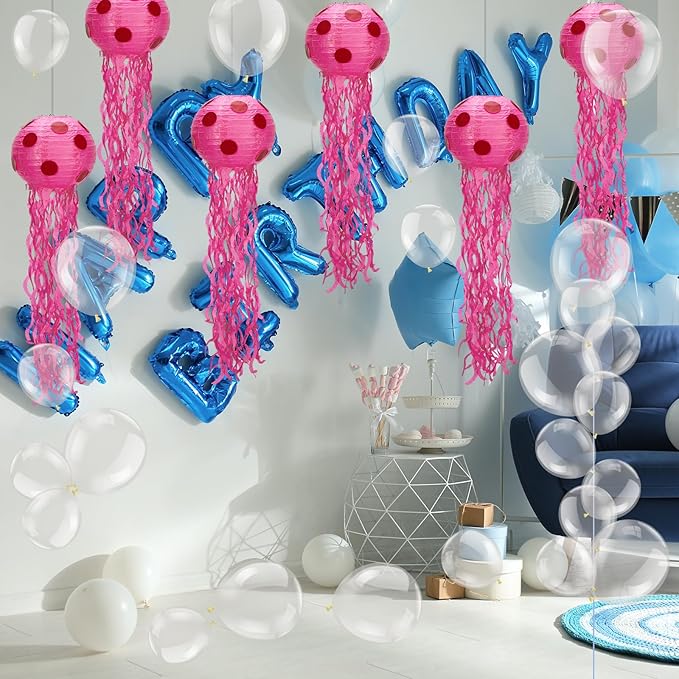 6 Set Sponge Party Hanging Jellyfish Decorations 8 Inch Jellyfish Paper Lanterns with 100 Pcs 5 Inch 10 Inch Clear Balloons Jellyfish Hanging Decor for Birthday Party Ocean Decorations