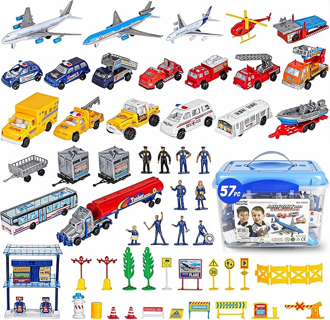 57 PCS Commercial Airport Playset with Airplane Toys, Play Vehicles, Fire Trucks, Police Cars & Figures, and Accessories in Storage Bucket for Kids Imaginative Play