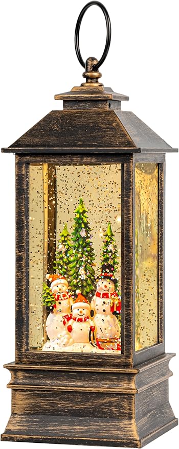 10'' Musical Snow Globe Lantern Lighted Snowman Family Water Lantern Swirling Glittering Home Decoration and Gift, Battery Operated or USB Powered