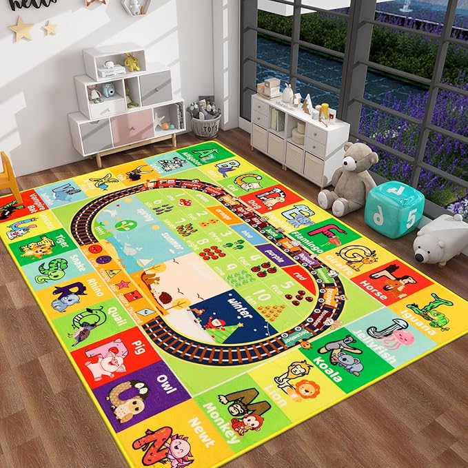 ABC Kids Rug for Playroom 59"×78.7" Baby Play Mat Alphabet Rug Animal Number Shape Classroom Rug Kids Playroom Rug Early Learning Carpet for Educational Learning & Game Area Preschool