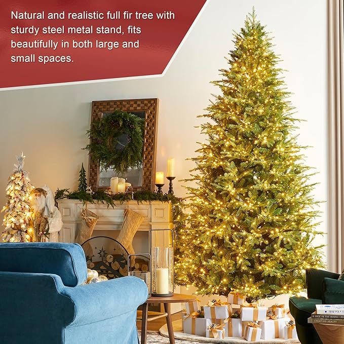 Glitzhome 9ft Prelit Artificial Christmas Tree, Green Full Christmas Tree Majestic Evergreen Fir with 2450 Warm White/Multi-Color Horse Race LED Lights, 9 Function w/Foot Pedal and Remote Control