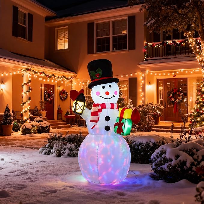4FT Inflatable Christmas Snowman with Lantern, Blow Up Outdoor Navidad Decor with Built-in Rotating LED Lights for Lawn, Garden, Patio Holiday