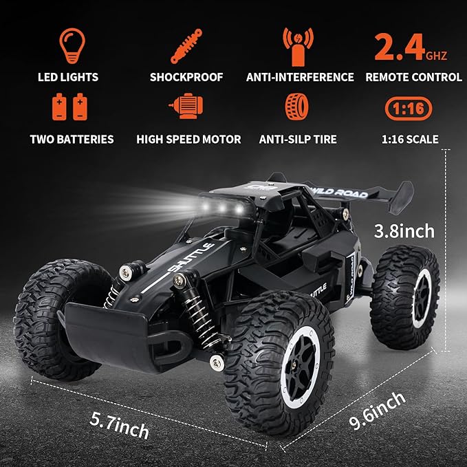 Remote Control Car, Remote Control Truck, 1:16 Balck 2.4Ghz All Terrain Off-Road Monster Truck, 20 km/h RC Cars with LED Bodylight and 2 Rechargeable Batteries Toys Gifts for Adults Boys 3+ Years