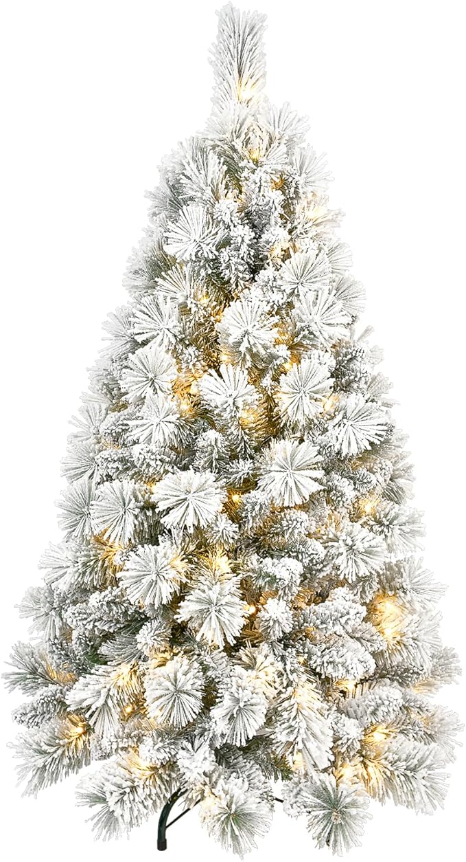 4 Ft Prelit Snow Flocked Christmas Tree with 150 Warm LED Lights, Premium Holiday Artificial Xmas Tree with 350 Realistic Branch Tips, Metal Stand for Indoor Home/Office Decor (Easy Assembly)