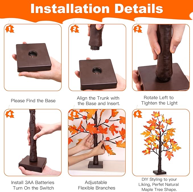 2Pack 24 Inch Prelit Maple Tree Fall Thanksgiving Decor with 48 LED Timer Battery Operated, Lighted 3D Acorn Maple Lampshade Pumpkin Artificial Tabletop Tree Thanksgiving Table Decorations Home Indoor