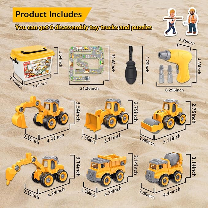 Take Apart Construction Truck Toys for Kids Ages 3-8 | STEM Learning Building Kit with Electric Drill Tool & Puzzle Play | Educational Engineering Toys Gift for Boys Girls Toddlers (Birthday, Holiday)