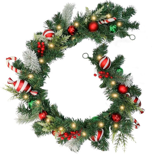 Christmas Garland Lighted Indoor Outdoor Decorations Artificial Christmas Garlands with Light Mantel Candy Cane for Door Porch Holiday Party Outdoor Indoor Xmas Decor 6FT