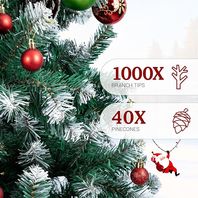 7ft Green Artificial Christmas Tree, Premium Unlit Holiday Xmas Tree for Home Office Party Decoration with 1000 PVC Hinged Partially Frosted Branch Tips, 40 Real Pinecones, Foldable Stand