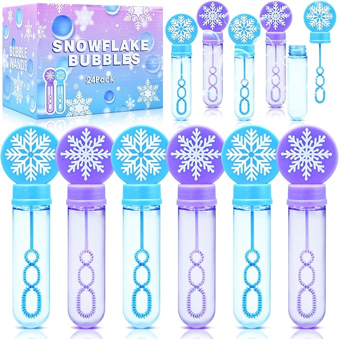 24 Pack Snowflake Bubble Wands for Kids - Large Cartoon Winter Bubbles Bulk with Refill Solution Toys for Christmas Stocking Goodie Bag Stuffers, Carnival, Boys Girls Birthday Gifts Party Favors