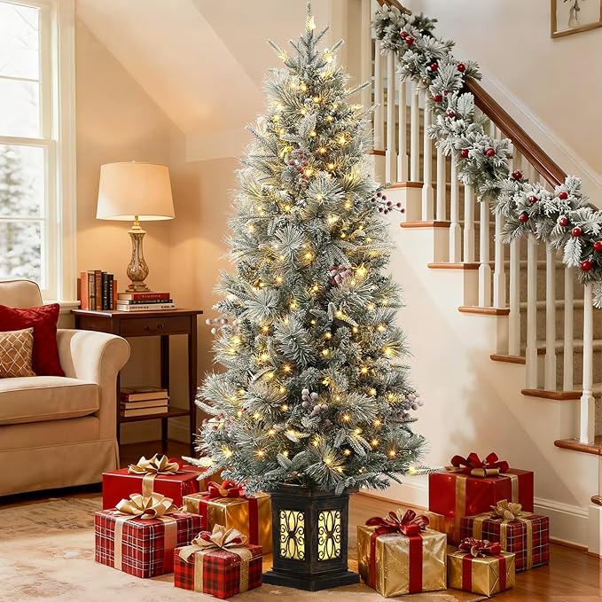 Garvee Pre-lit Artificial Christmas Tree with Warm White Lights, Snow Flocked Full Christmas Tree 4.5 ft with 8 Light-Modes, Pre Lighted Xmas Tree W/386 Branch Tips, 200 Light & Antique Urn Base,1 PCS