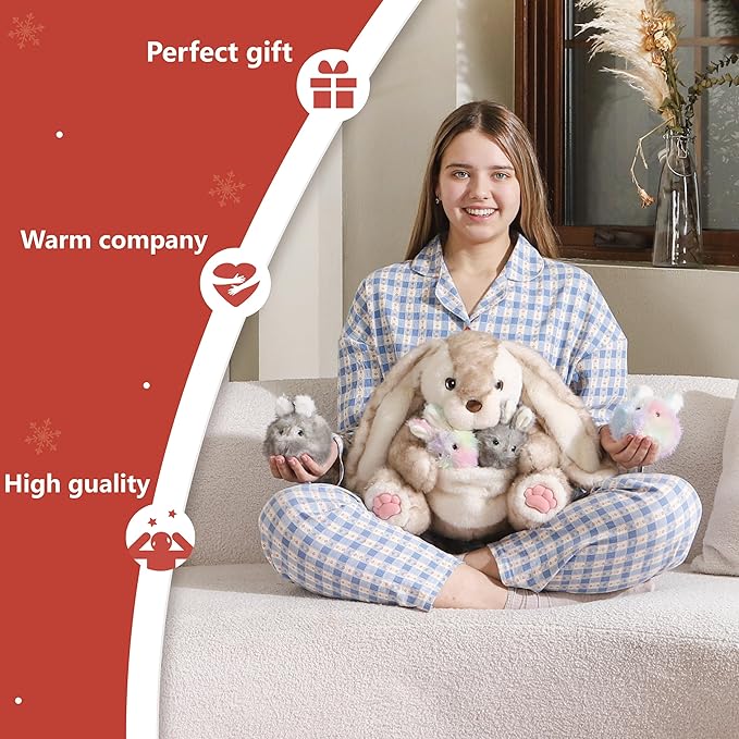 Niuniu Daddy 20" | 5Pcs Bunny Stuffed Animals Family Set, Mommy Rabbit Plush with 4 Babies Toys, Cute Large Body Pillow for Girls Boys Adults with Easter Birthday Party Presents