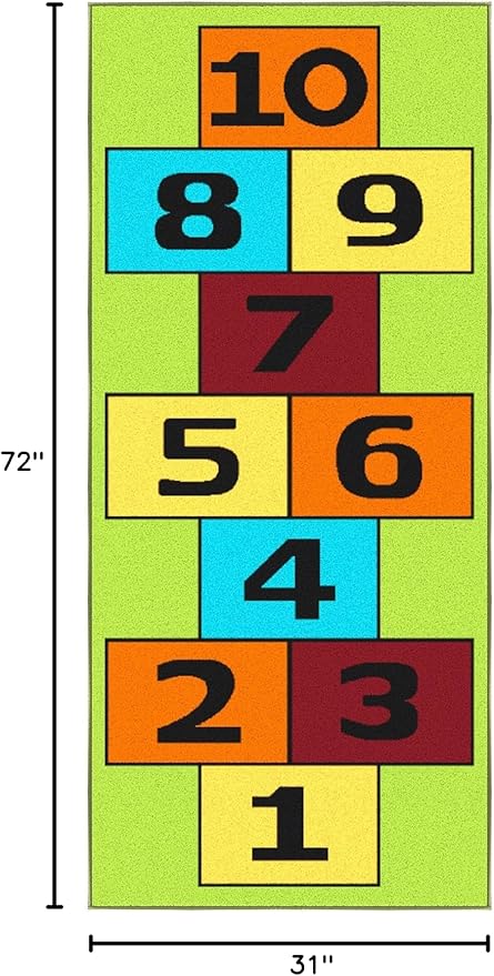 Ottomanson 2'7" x 6' Hopscotch Kids Rug - Play Mat for Playroom, Bedroom, Daycare & Classroom - Fun & Interactive Game Carpet - Durable and Non-Slip - Perfect for Learning & High-Traffic Areas, Green
